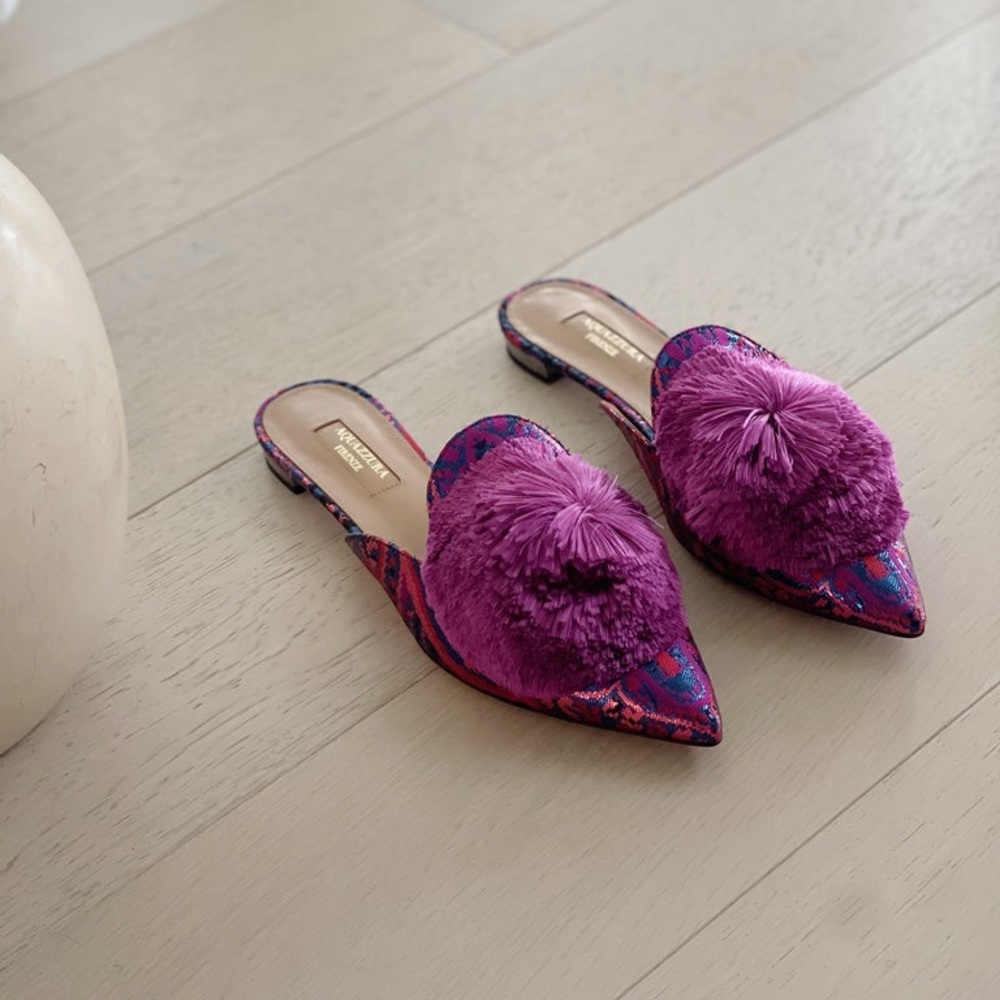 Size 41 - Aquazzura Powder Puff Pompom embellished Metallic Jacquard Mules